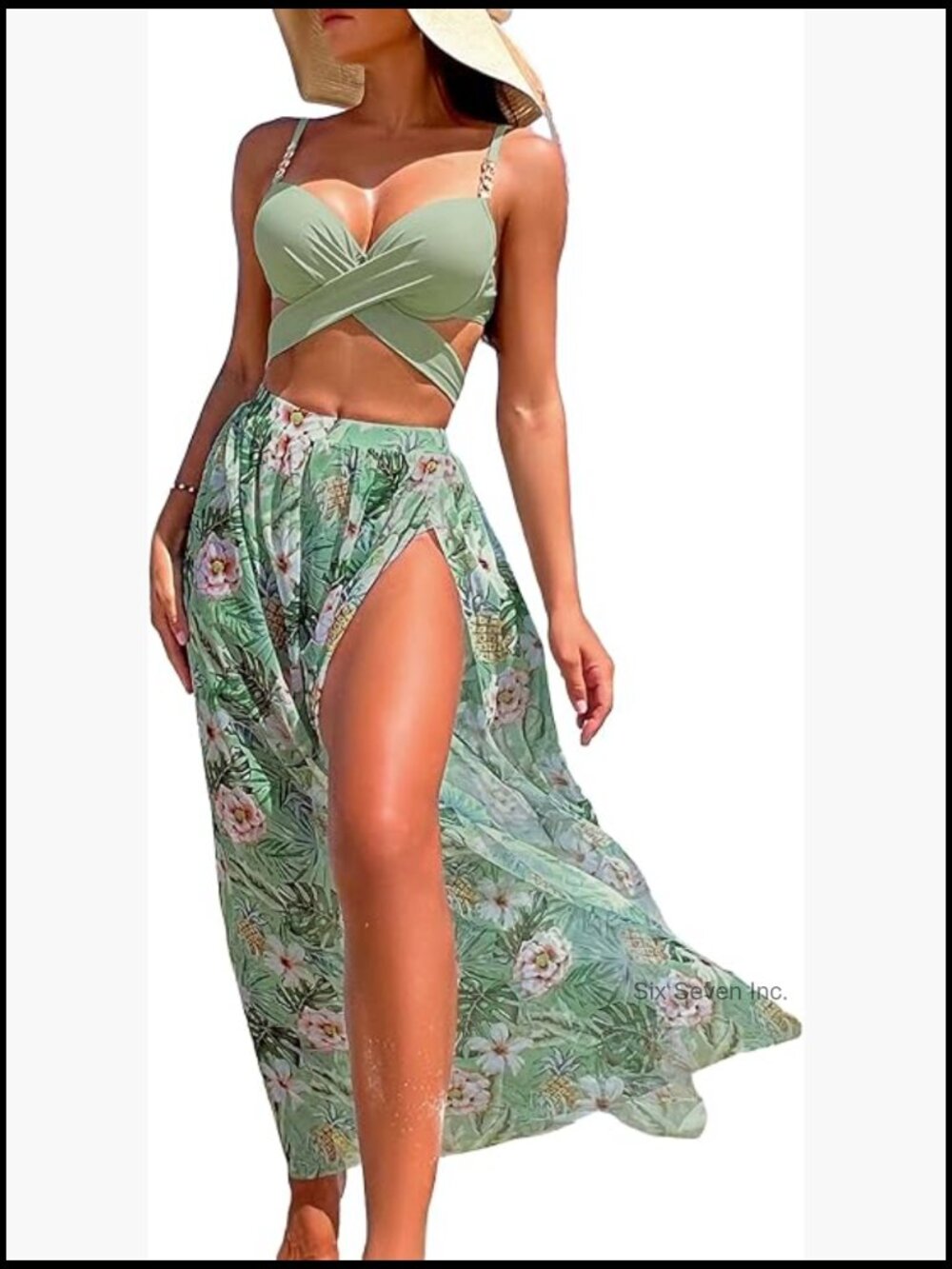 3 Piece Floral Tropical Bikini Set with Cover Up Skirt